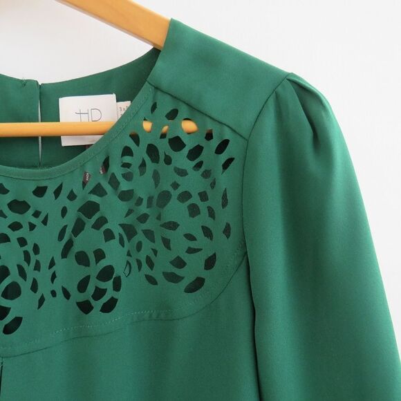 Anthropologie Womens 0 Petite HD in Paris Dara Green Laser Cut Minimalist Blouse - Picture 4 of 15
